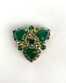 Gold Tone Brooch With Green and Blue Rhinestones