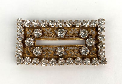 Vintage Rectangular Brooch With Rhinestones and Filigree Design