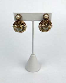 Mid Century Gold Tone Faux Pearl and Filigree Screw on Earrings