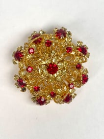 Austrian Costume Jewelry Brooch with Red and Yellow Rhinestones