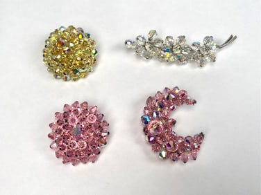 Set of Four Crystal Costume Jewelry Brooches Including Austrian Crystal