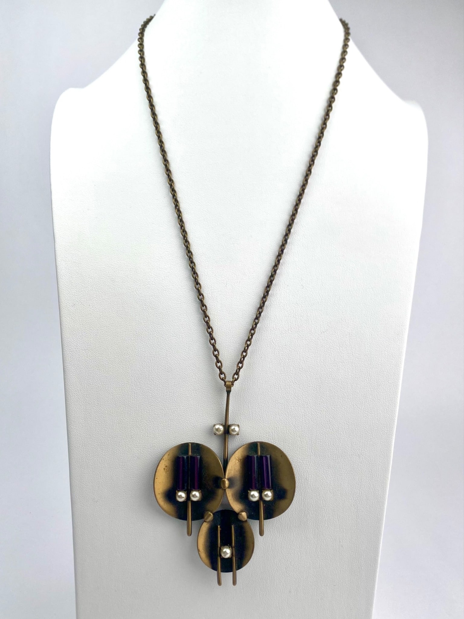 Art Deco Brass Necklace With Purple Glass Accents (1 of 11)