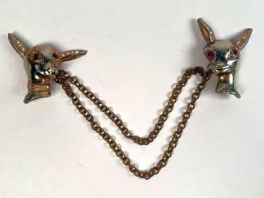 Vintage Sweater Clip with Rhinestone Animal Head and Double Chain