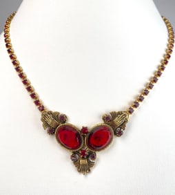 Victorian Revival  Ornate Red Cabochon and Rhinestone Necklace