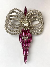 Vintage Pink and Clear Rhinestone Bow Brooch