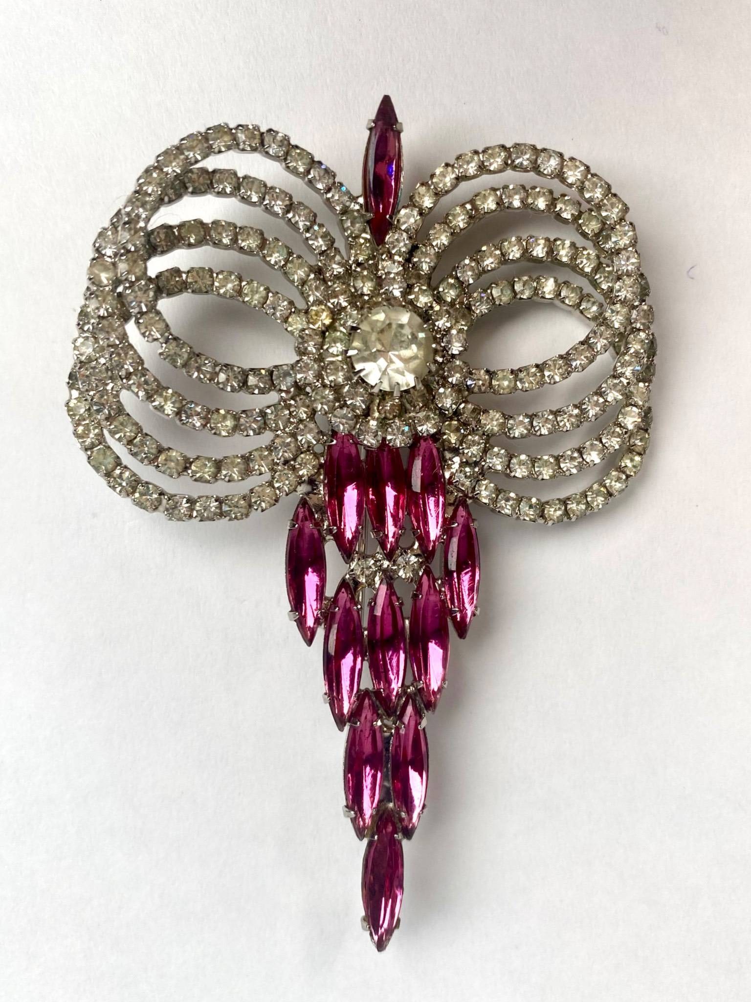 Vintage Pink and Clear Rhinestone Bow Brooch (1 of 10)