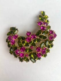 Crown Trifari Gold Tone Pink and Green Rhinestone Brooch