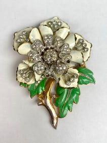 Vintage 1940s Enamel and Rhinestone Flower Brooch