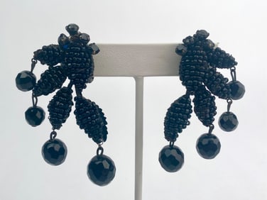 Pair of Miriam Haskell Black Beaded Dangle Clip On Earrings