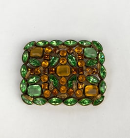 Mid Century Gold Tone Brooch with Green and Amber Glass Stones