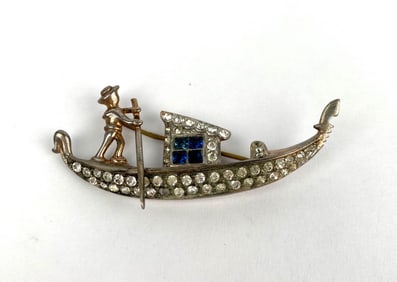 Vintage Gold and Silver Toned Gondolier Brooch with Rhinestones