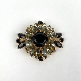Mid Century Gold Tone Brooch With Black and Clear Rhinestones