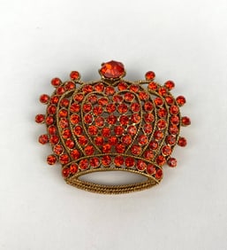 Mid Century Gold Tone Crown Brooch with Red Rhinestones