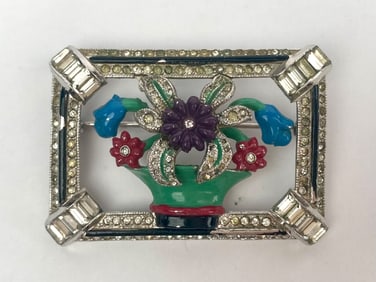 Art Deco Floral Basket Enamel and Rhinestone Brooch