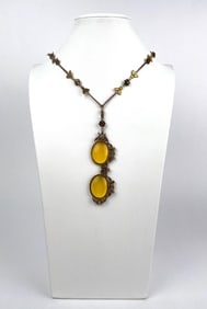 Mid Century Gold tone Necklace with Yellow Lens Lorgnette