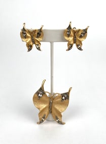 Crown Trifari Mid Century Butterfly Brooch and Clip-On Earrings Set