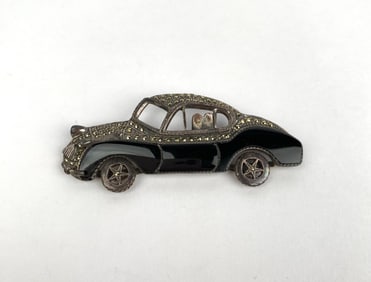Sterling Silver and Marcasite Car Shaped Brooch with Black Enamel