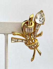 Symphony Signed Mid Century Gold Tone Rhinestone Floral Brooch