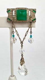 Art Deco Brooch with Green Glass and Crystal Drops