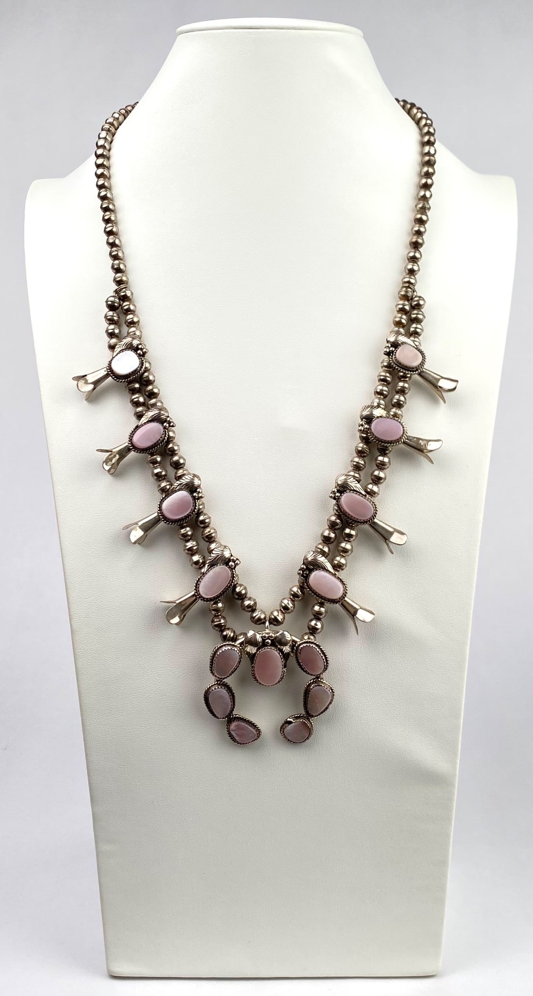 Navajo Sterling Silver and Rose Quartz Squash Blossom Necklace (1 of 11)