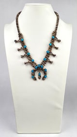 Navajo Sterling Silver Squash Blossom Necklace With Turquoise