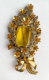 Gold Tone Vintage Floral Brooch with Yellow Glass Stone