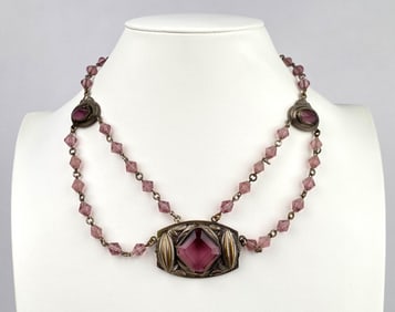 Czech Art Deco Silver Tone Necklace With Faceted Purple Glass Beads