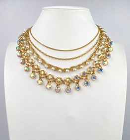 Gold Tone Pearl and Aurora Borealis Multistrand Necklace