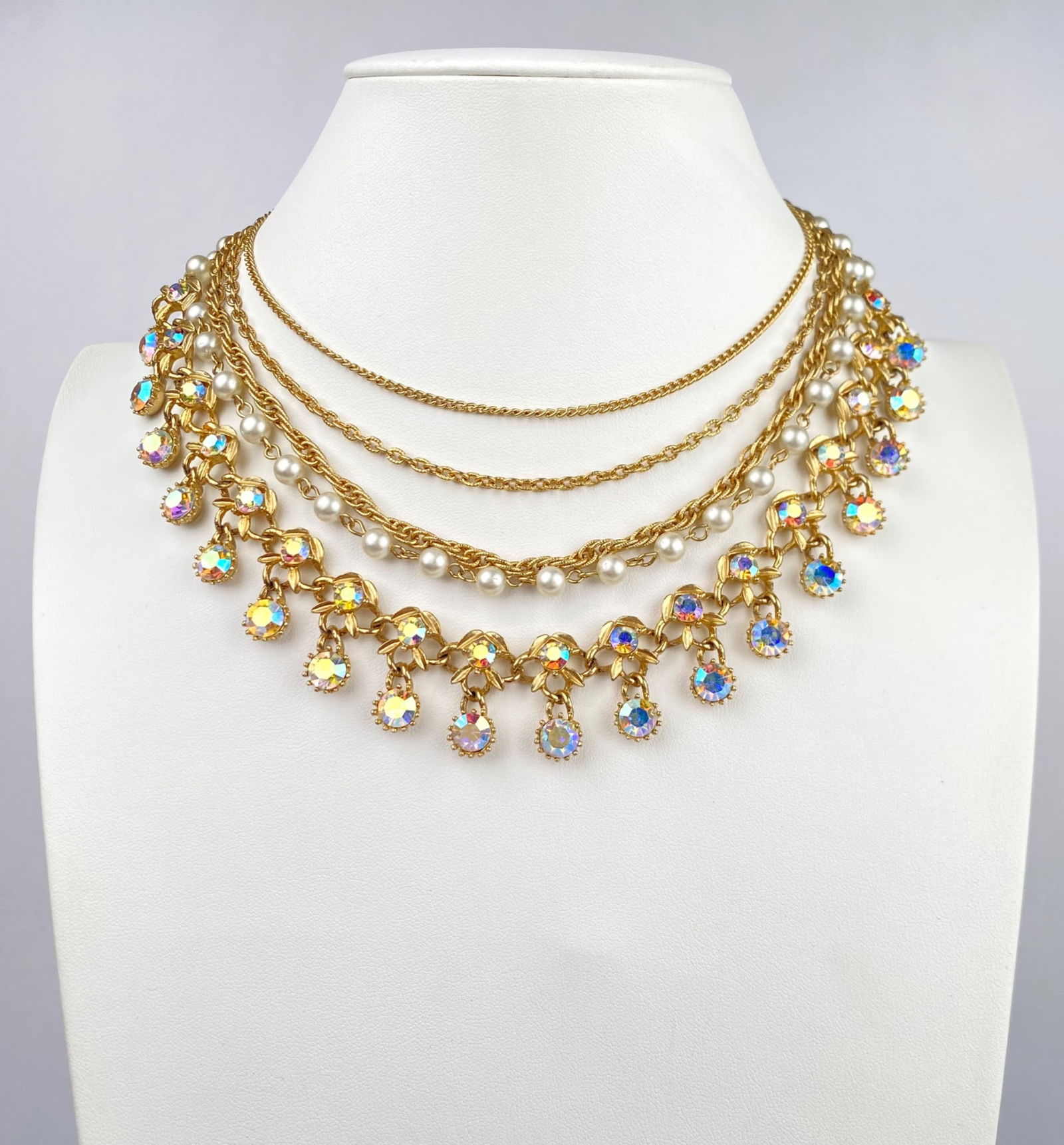 Gold Tone Pearl and Aurora Borealis Multistrand Necklace (1 of 8)