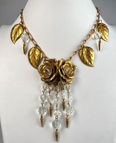 Mid Century Gold Tone Rose and Leaf Necklace