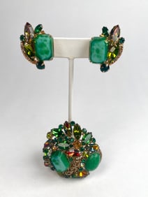 Vintage Clip On Earrings and Brooch Set with Green and Multicolor Stones