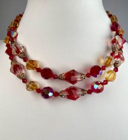 Vintage Two Strand Red and Amber Beaded Necklace
