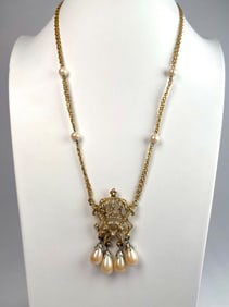 Baroque Revival Gold Tone Rhinestone Pendant Necklace