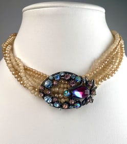 Vintage Multi Strand Faux Pearl and Rhinestone Choker