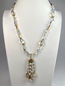 Aurora Borealis Crystal Necklace with Gold Tone Accents and Tassel Pendant