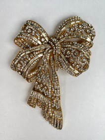 Signed Thelma Deutsch Gold Tone Rhinestone Bow Brooch