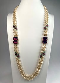 Miriam Haskell Double Strand Faux Pearl Necklace with Jewel Accents