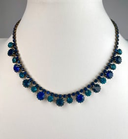 Vintage Weiss Blue Rhinestone Choker Necklace