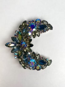 Mid Century Silver Tone and Blue Rhinestone Crescent Brooch