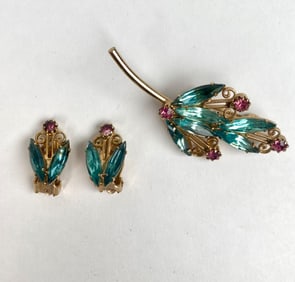 Vintage Aqua and Pink Rhinestone Brooch and Earrings Set