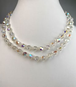 Vintage Double Strand Aurora Borealis Crystal Bead Necklace