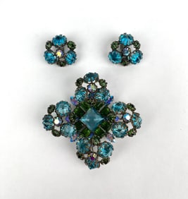 Schreiner New York Blue and Green Rhinestone Brooch Earrings Set