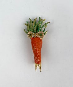 Carrot Shaped Enamel and Rhinestone Brooch by Hattie Carnegie