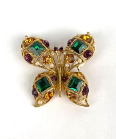Eisenberg Ice Butterfly Brooch with Faux Gemstones and Pearls