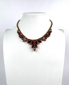 Mid Century Gold Tone Necklace With Red and Pink Rhinestones