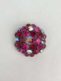 Vintage Domed Brooch with Red and Aurora Borealis Rhinestones