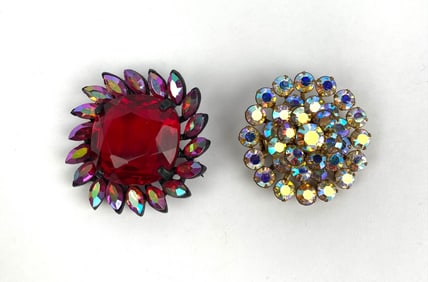 Mid Century Pair of Multi Color Rhinestone Brooches