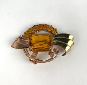 Gold Tone and Citrine Colored Rhinestone Brooch