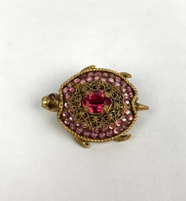 Gold Tone Czech Turtle Brooch with Pink Rhinestones