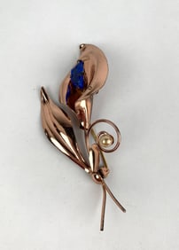 Rose Gold Tone Brooch with Blue Rhinestone and Pearl Accent